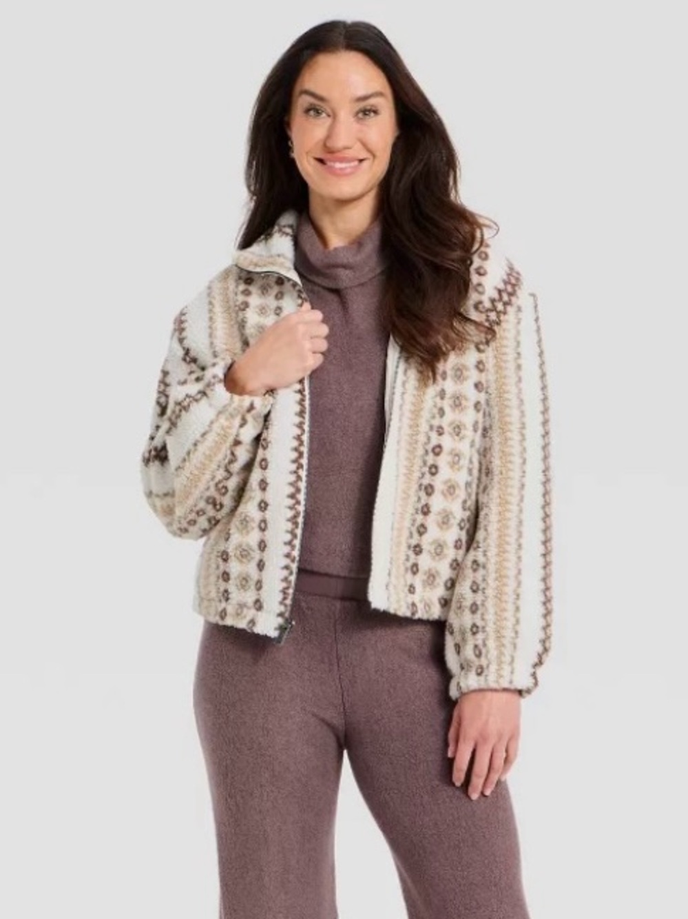Universal Thread Patterned Shearling Zip Jacket - Cream & Brown - Picture 2 of 7